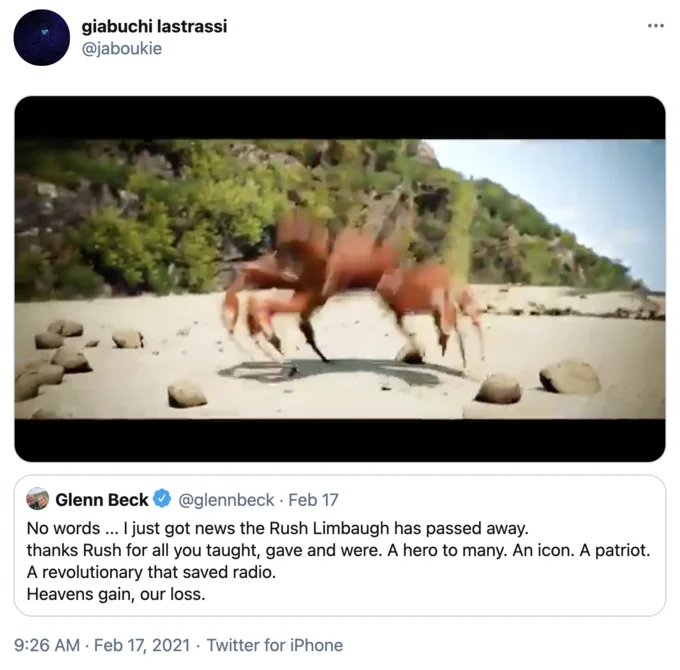Tweet by @jaboukie with Crab Rave dancing crabs GIF replying to Glenn Beck's Rush Limbaugh memorial tweet