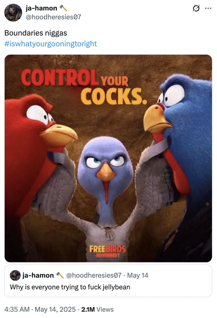 Cracking Jellybean — Free Birds 'Control Your Cocks' poster shared as a boundaries meme