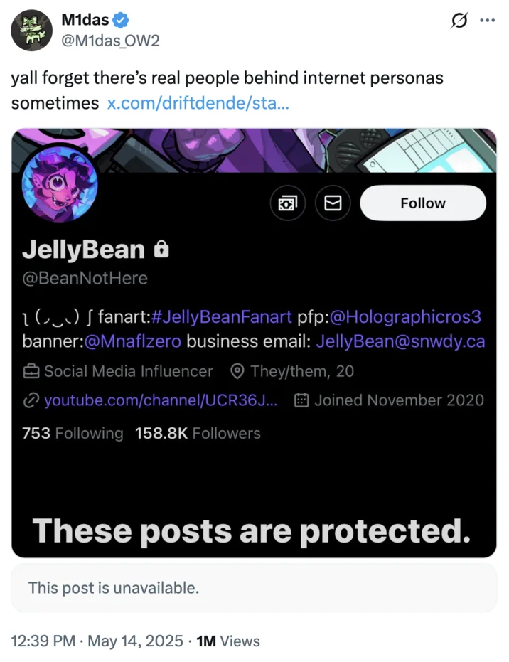 Cracking Jellybean — JellyBean protected Twitter profile screenshot with commentary