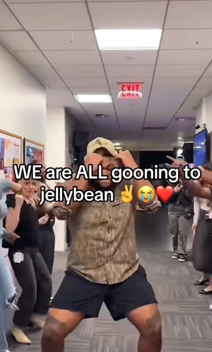 Cracking Jellybean — Man dancing in office hallway with 'gooning to jellybean' text overlay