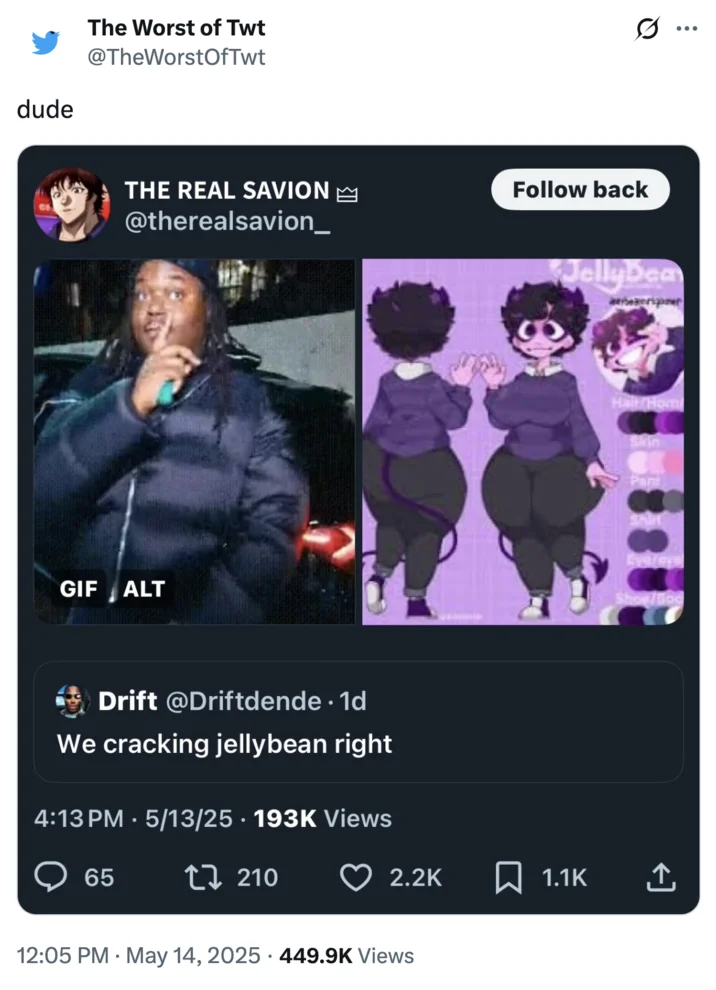 Cracking Jellybean — Quote tweet pairing shushing GIF with JellyBean character reference