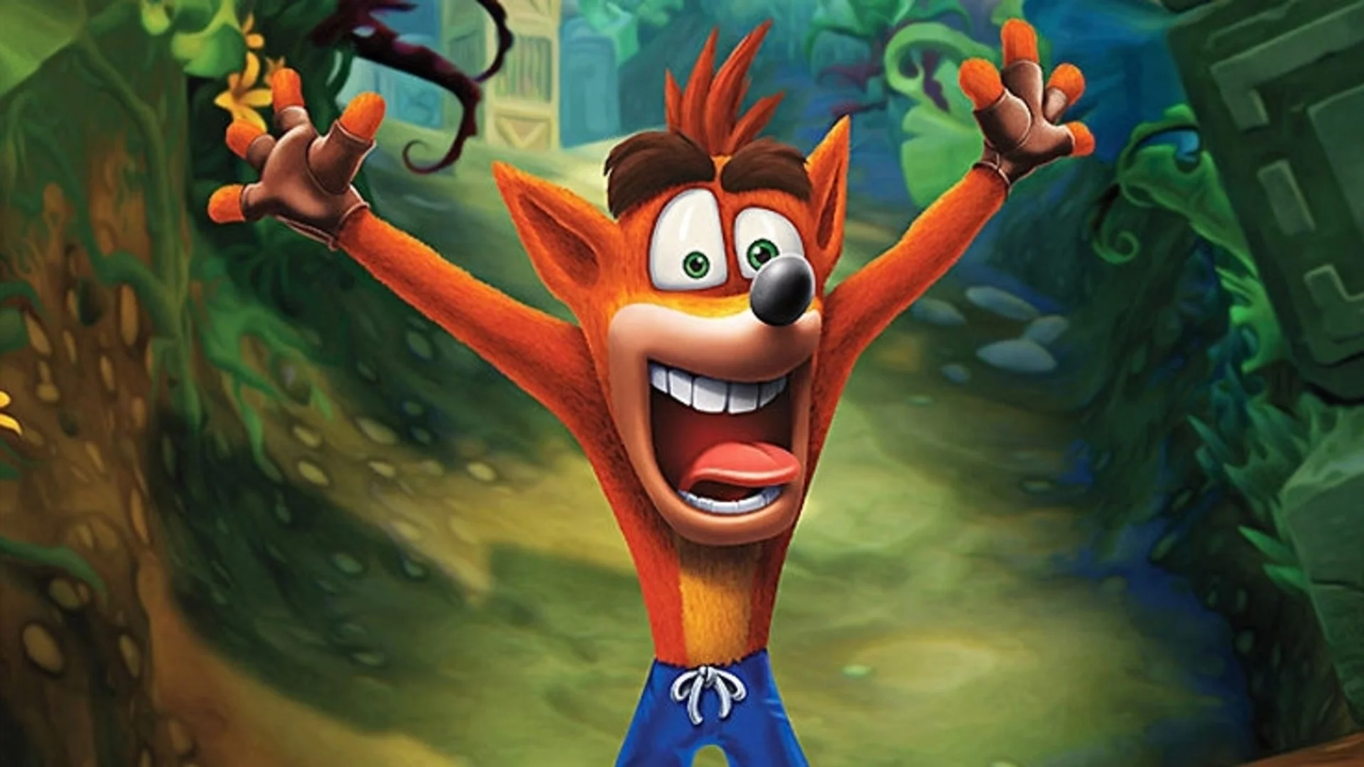 Crash Bandicoot character cheering with arms raised in a jungle setting