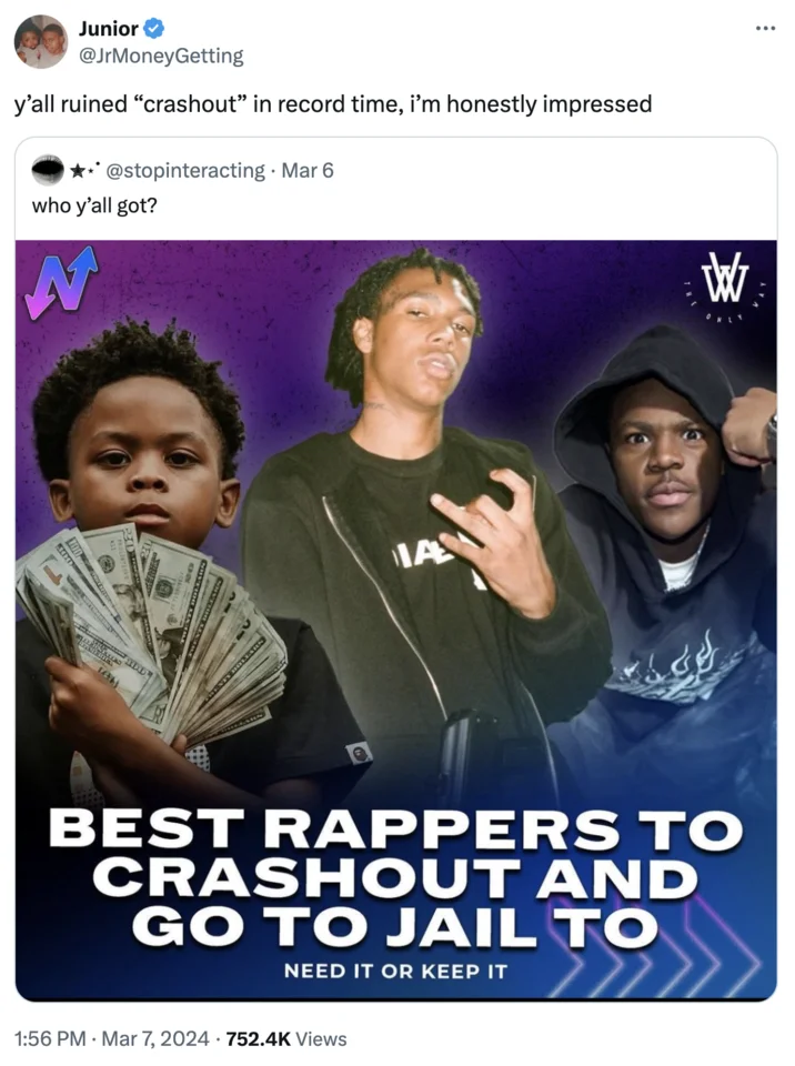 Crashout Crash Out — Tweet showing a 'Best Rappers to Crashout and Go to Jail To' graphic with three rappers, captioned as ruining the word crashout