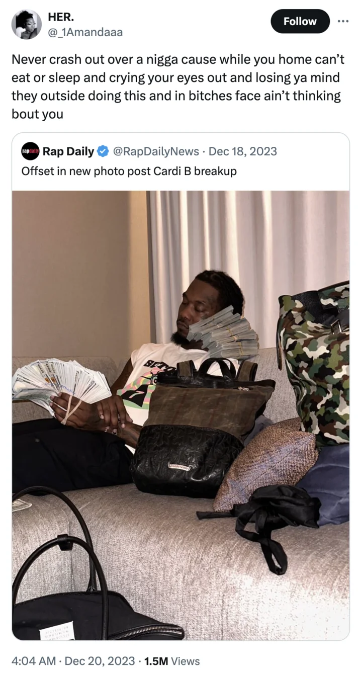 Crashout Crash Out — Tweet advising to never crash out, quote-tweeting a Rap Daily photo of Offset with stacks of cash post-Cardi B breakup