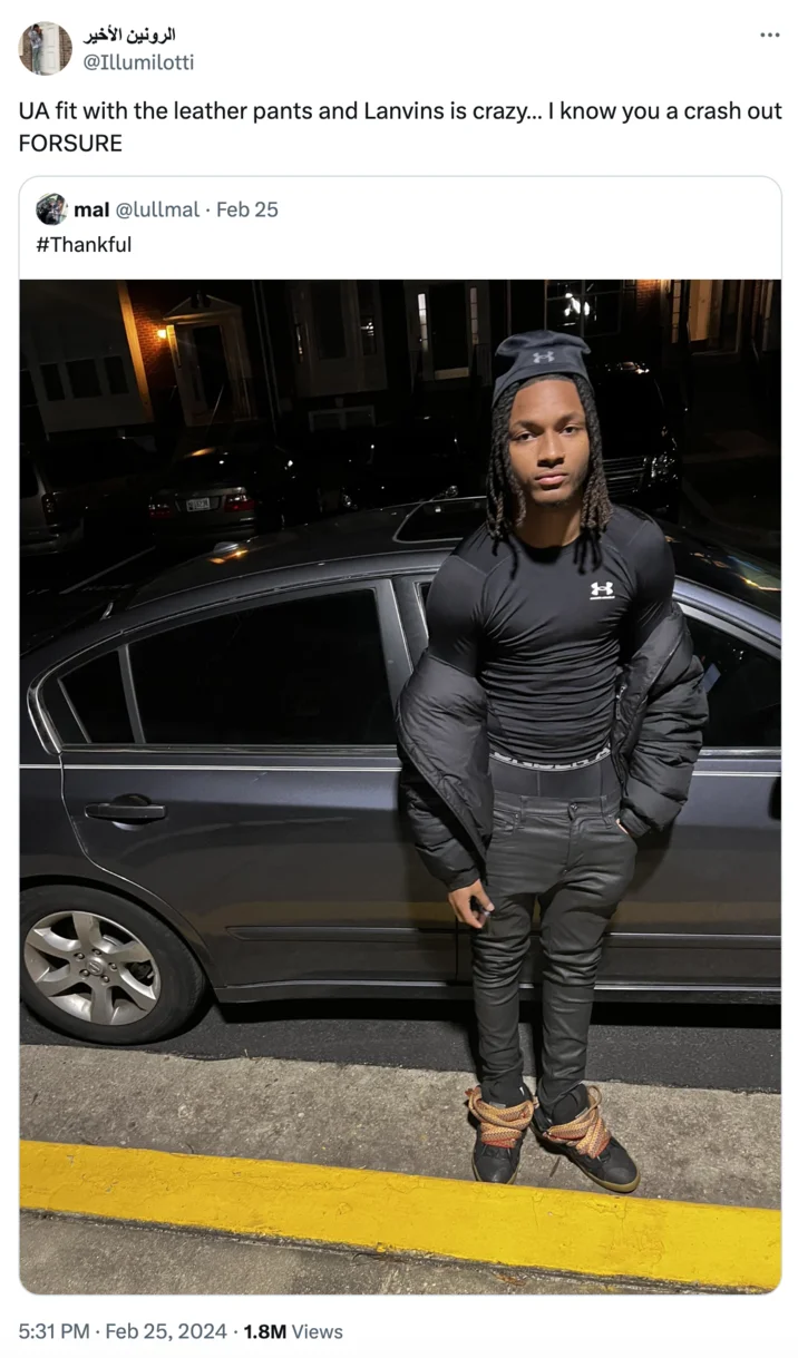 Crashout Crash Out — Tweet showing a young man posing by a car in Under Armour shirt and leather pants, quoted as looking like a 'crash out'