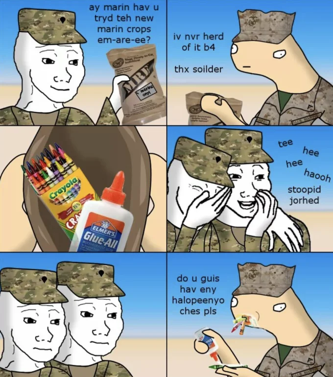 Crayon Eater Marines Eat Crayons — Wojak comic showing Marines with camo hats eating crayons and glue and using broken spelling