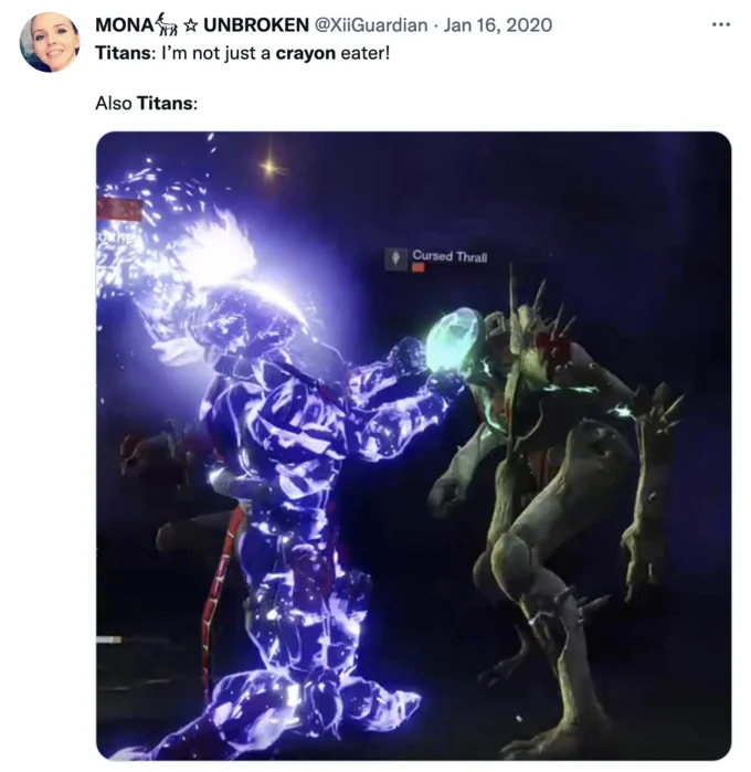 Crayon Eater Marines Eat Crayons — Tweet joking about Destiny Titans being crayon eaters with an in-game screenshot