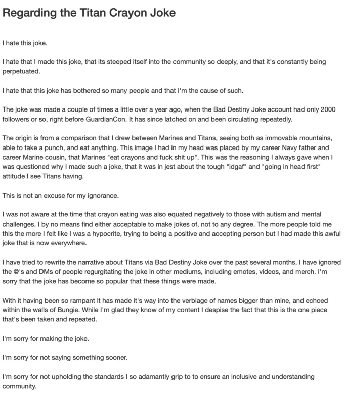 Crayon Eater Marines Eat Crayons — Screenshot of an apology post regarding the Titan crayon joke and its origins
