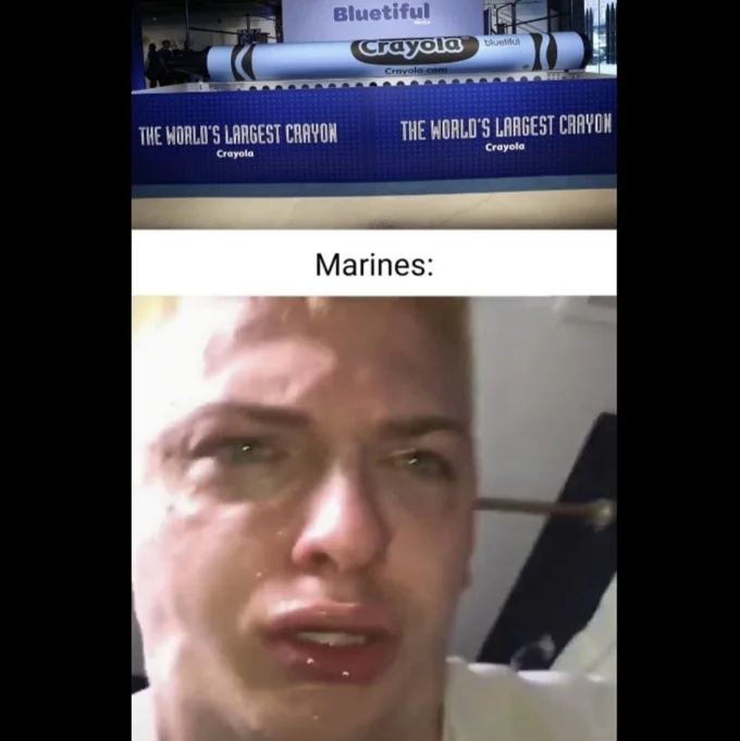 Crayon Eater Marines Eat Crayons — Meme showing the world's largest Crayola crayon above a crying Marine reaction face