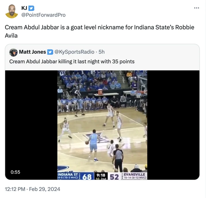 Twitter post from KJ declaring Cream Abdul Jabbar supremely great nickname with Avila's 35-point game footage.