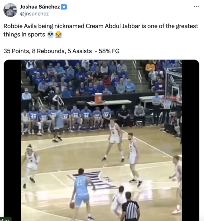 Twitter post from Joshua Sánchez calling Cream Abdul Jabbar one of sports history's most significant memorable moments.