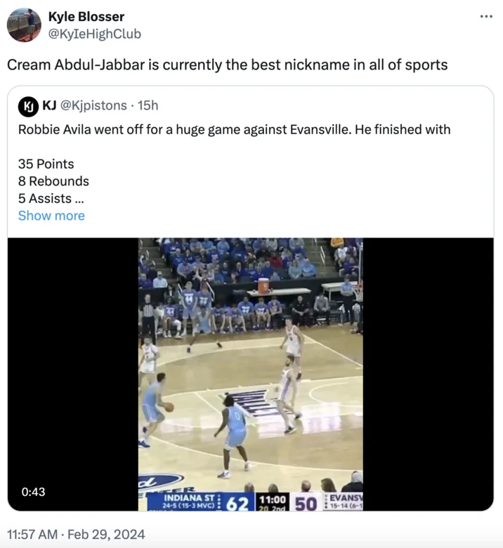 Twitter post praising Robbie Avila's Cream Abdul Jabbar nickname as superior to all other sports nicknames.