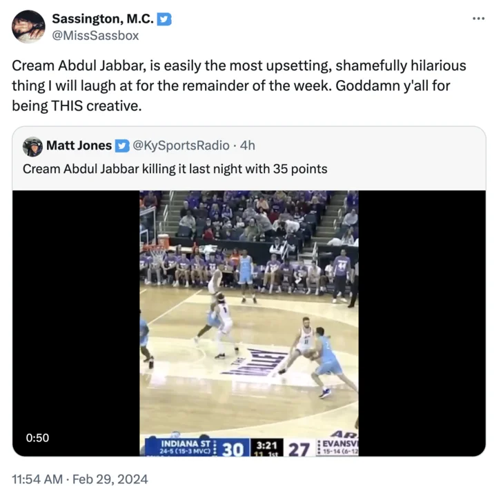 Twitter conversation praising Cream Abdul Jabbar nickname as funniest in sports with embedded video of Avila against Evansville.
