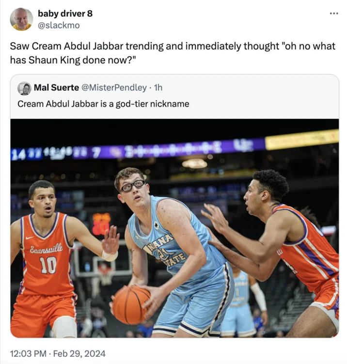 Humor post referencing Cream Abdul Jabbar and Shaun King both trending on Twitter with Avila's goggle-wearing photo.