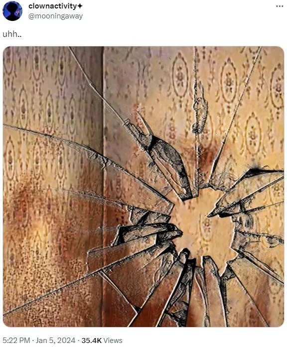 Creature Breaking Glass Me At Bros Window — Tweet screenshot showing creature behind shattered glass with caption 'uhh..'
