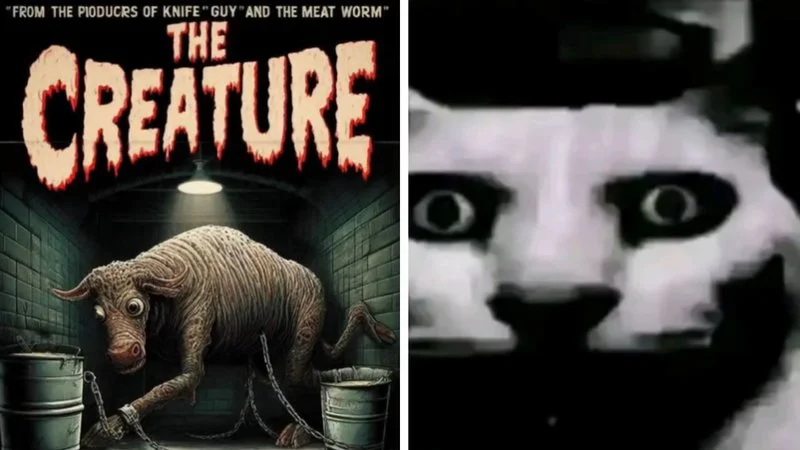 Creature Feature Featuring The Creature — Split-screen meme combining retro horror movie poster of 'The Creature' with distorted eerie close-up of cat's face.