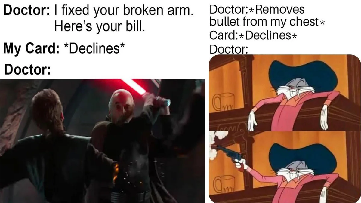 Side-by-side 'Credit Card Declines' meme banner featuring Star Wars Count Dooku and Yosemite Sam cartoon panels.