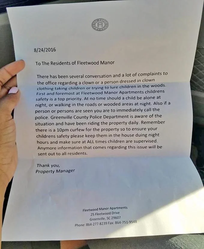 Creepy Clown Sightings — Fleetwood Manor Apartments notice warning residents about clown sightings