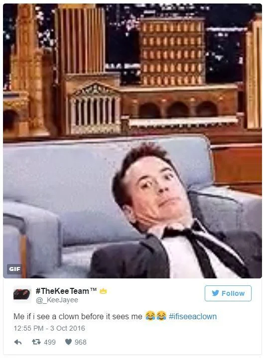 Creepy Clown Sightings — Tweet with Robert Downey Jr. reaction GIF about clown sightings