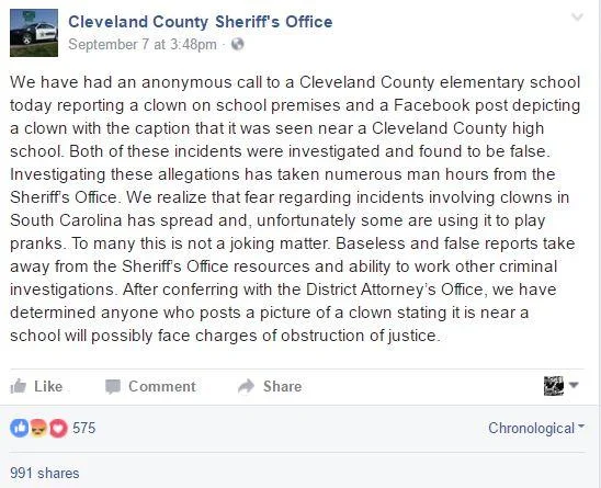 Creepy Clown Sightings — Cleveland County Sheriff's Office Facebook post about false clown sightings
