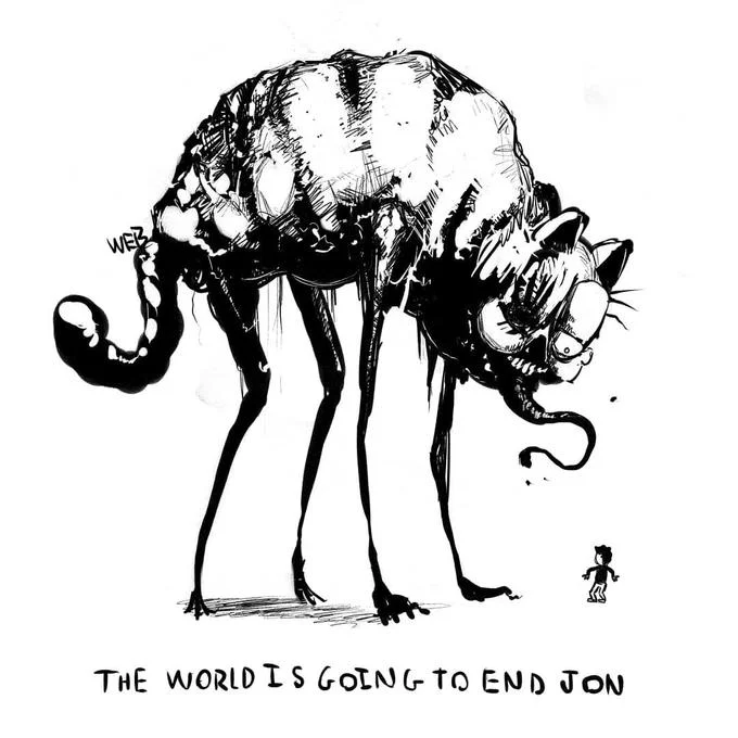 Creepy Garfield — Centipede-bodied Garfield emerging through door as Jon holds gun, captioned 'Bullets don't work Jon'.