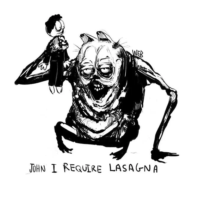 Creepy Garfield — Garfield comic strip parody with distorted Garfield saying 'Feed me a stray child'.