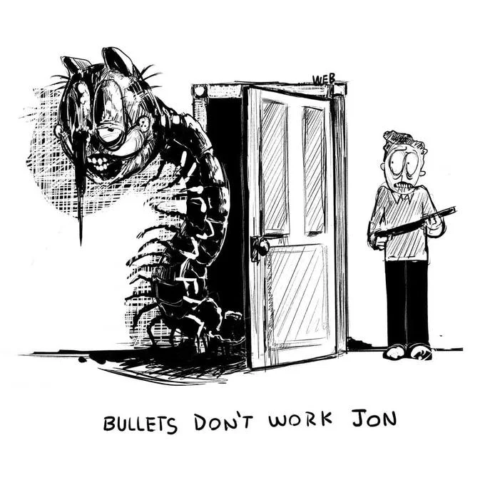 Creepy Garfield — Monstrous multi-legged Garfield saying 'Jon I can smell you' as Jon hides beneath.
