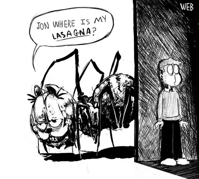 Ink drawing of a skeletal Creepy Garfield holding a tiny Jon Arbuckle doll with caption 'John I require lasagna'.