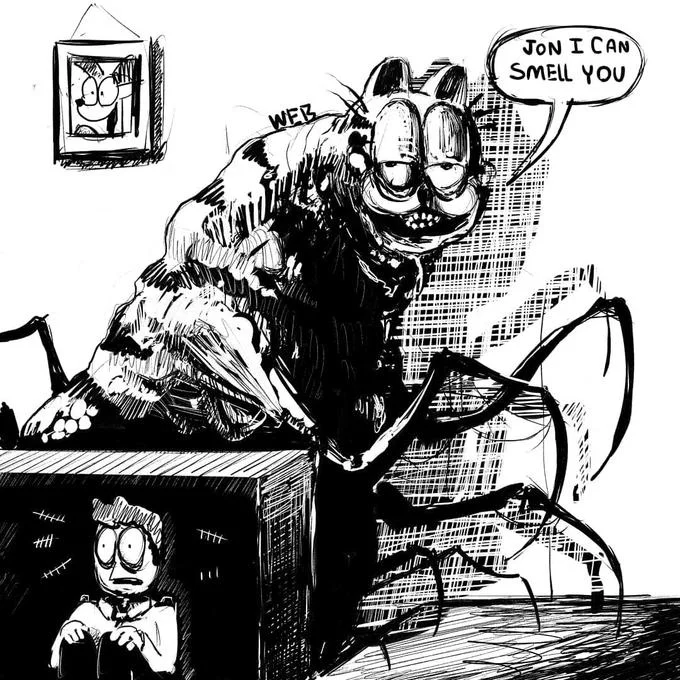 Spider-legged Creepy Garfield asking Jon where his lasagna is.