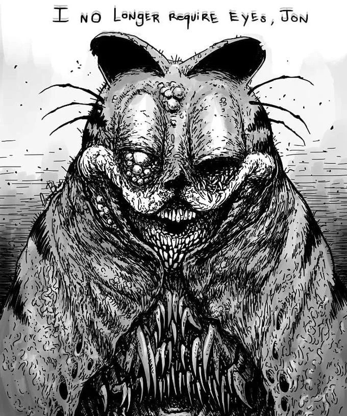 Creepy Garfield — Elongated stilt-legged Garfield towering over tiny Jon, captioned 'The world is going to end Jon'.
