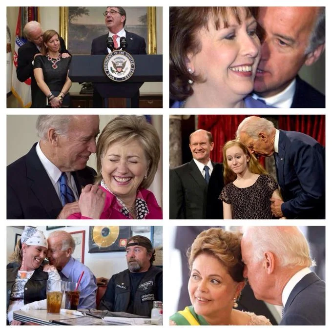 Creepy Joe Biden — Collage of six photos of Joe Biden standing very close to different women