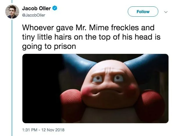 Creepy Mr Mime — Twitter post expressing outrage about Mr. Mime's disturbing design features including freckles and head hair with close-up.