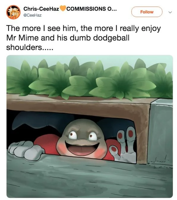 Creepy Mr Mime — Twitter post sharing humorous fan illustration of Mr. Mime in garden setting joking about 'dumb dodgeball shoulders'.