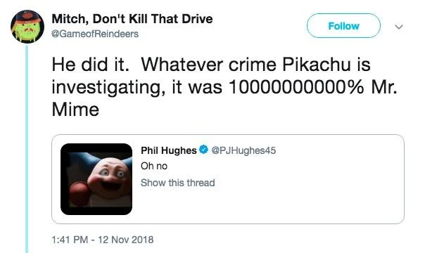 Creepy Mr Mime — Twitter conversation discussing Mr. Mime's disturbing appearance with nested quote tweet simply saying 'Oh no'.