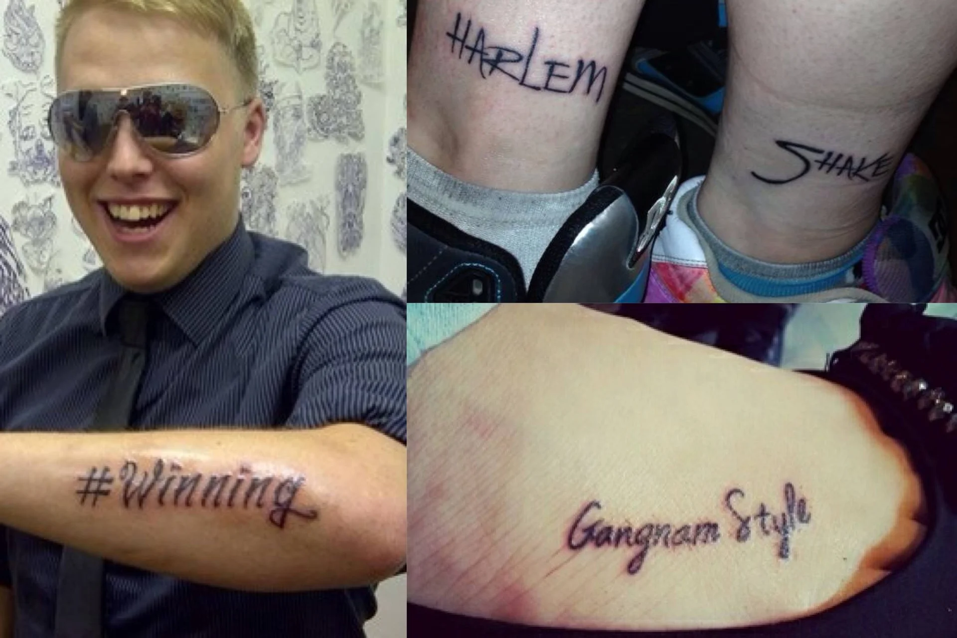 Collage of cringeworthy tattoos including Harlem Shake, #Winning and Gangnam Style