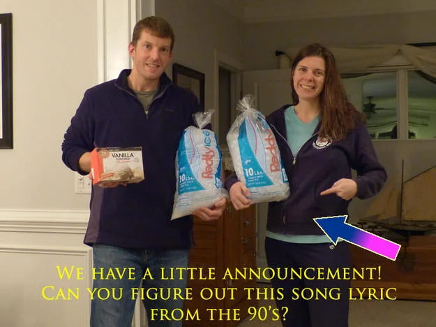 Couple holding bags of ice and vanilla ice cream for a cringeworthy Ice Ice Baby pregnancy announcement