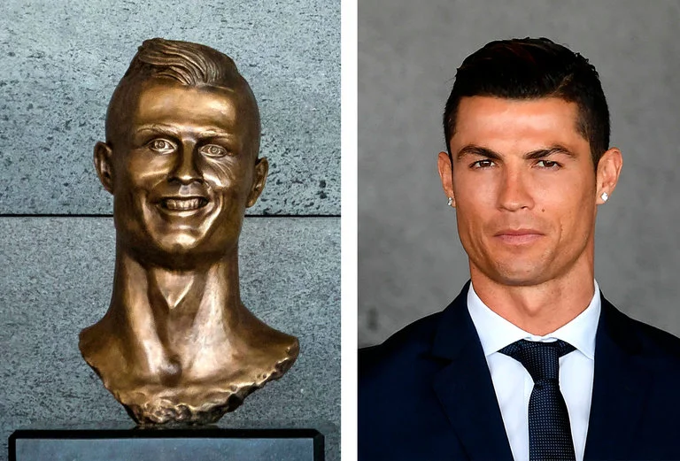 Side-by-side of the bronze Cristiano Ronaldo bust and a photo of the real Ronaldo