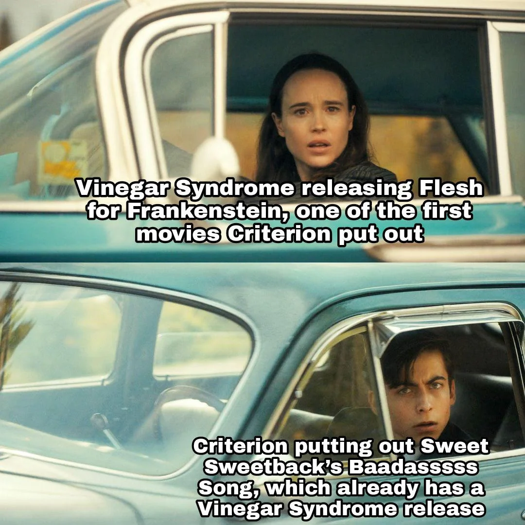 Criterion Collection Niche — Split-panel meme showing Criterion Collection restoring films like Flesh for Frankenstein while Vinegar Syndrome has already