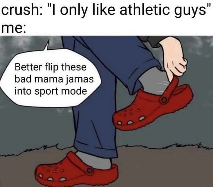 Crocs In Sport Mode — Cartoon of a person flipping red Crocs straps into sport mode with a speech bubble saying 'Better flip these bad mama jamas into sport
