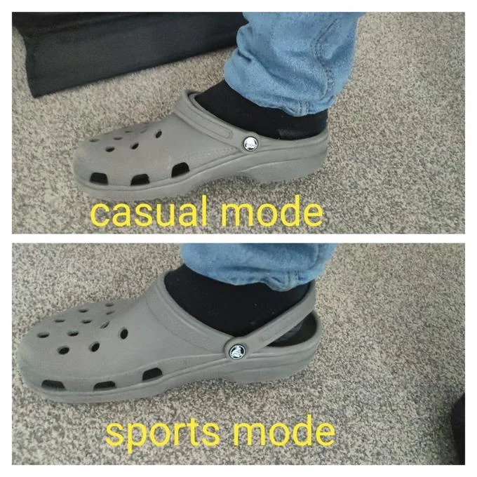 Crocs In Sport Mode — Gray Croc worn on a foot shown in 'casual mode' with the strap forward and 'sports mode' with the strap behind the heel.