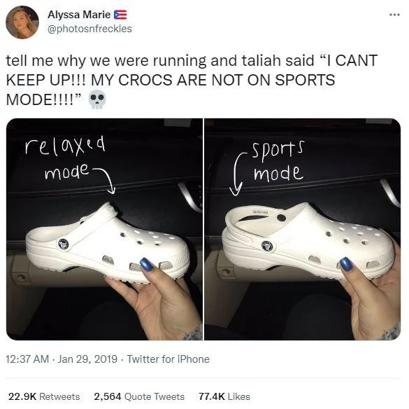 Crocs In Sport Mode — Twitter screenshot by @photosnfreckles joking that her friend's Crocs weren't on sports mode while running, with the relaxed vs sports