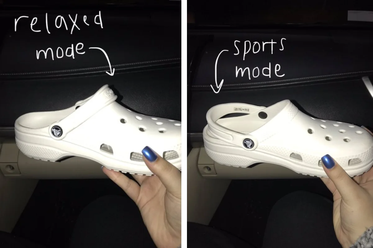 Crocs In Sport Mode — Side-by-side photo of a white Crocs clog shown in 'relaxed mode' with strap forward and 'sports mode' with strap flipped back behind the