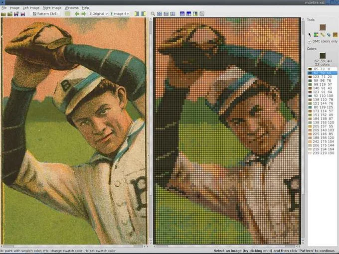 Cross-Stitch Art — Cross-stitch pattern software screenshot converting a baseball player image into a stitchable pattern