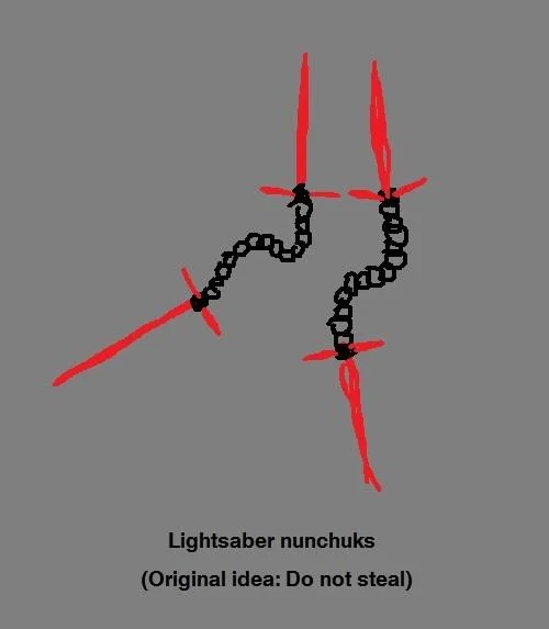Crossguard Lightsaber — Crude drawing of lightsaber nunchuks with two crossguard blades on a chain
