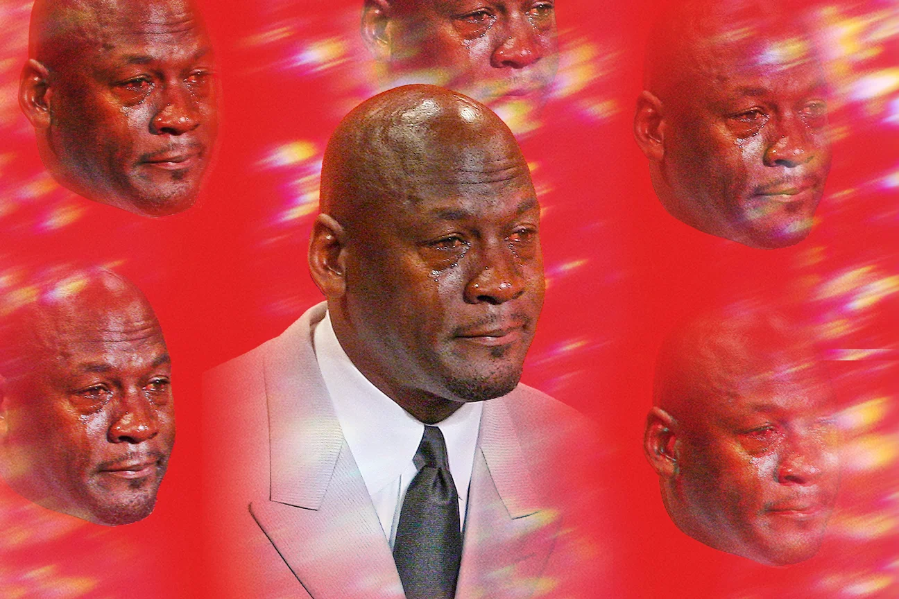 Crying Jordan — Heavily edited remix with multiple copies of Jordan's crying face with neon glow effects and psychedelic distortion.