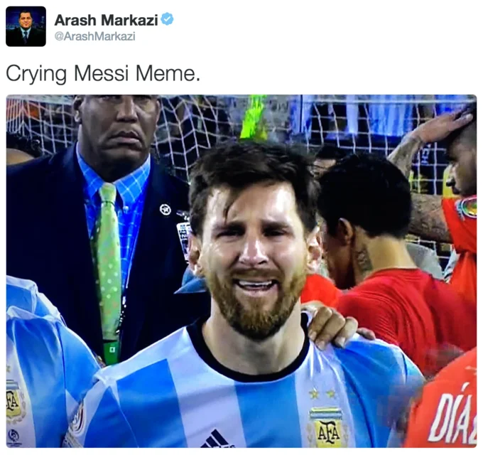 Tweet by Arash Markazi captioned Crying Messi Meme