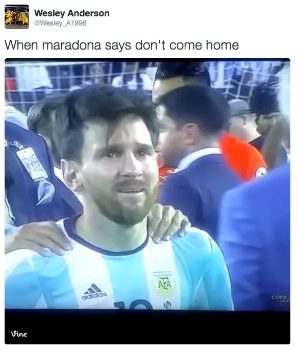 Crying Messi — Tweet using somber Messi image referencing 7-0 Brazil loss