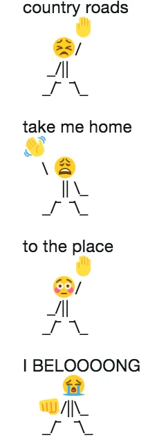 Crying Nae Nae meme using Take Me Home Country Roads lyrics with sad emoji figures and yellow fist emojis.