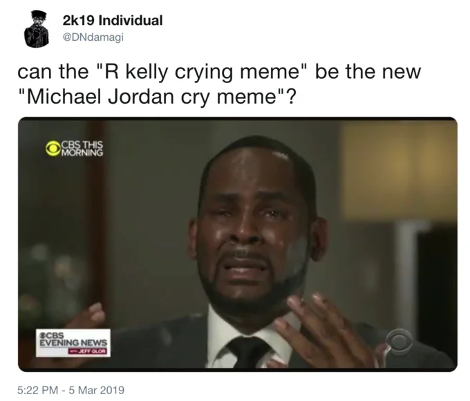 Crying R Kelly — Tweet from Walter Flexcado joking that R. Kelly's interview provided months of meme fodder