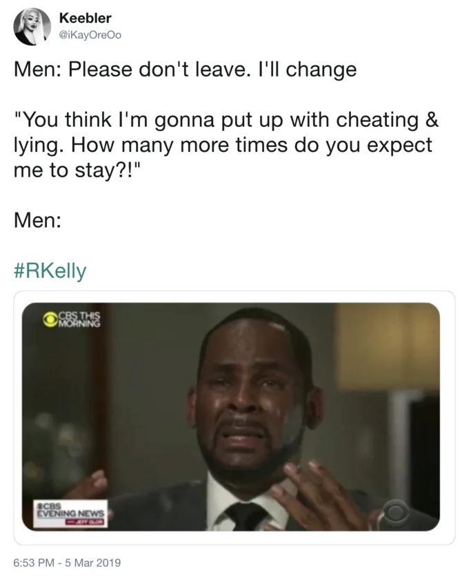 Crying R Kelly — Tweet parodying 'I Believe I Can Fly' as 'I Believe I Can Cry' with R. Kelly crying image
